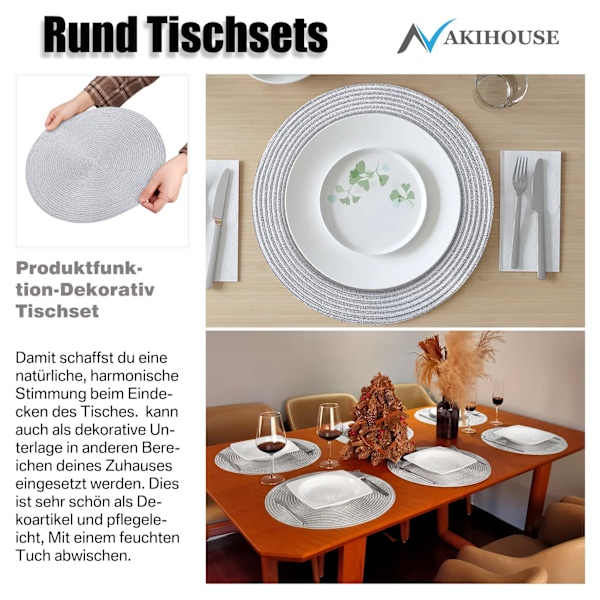 Beige punotut pyöreät tabletit, 6 kpl, lämmönkestävät pestävät tabletit keittiön ruokailuun, 15 tuumaa, hopea Silver