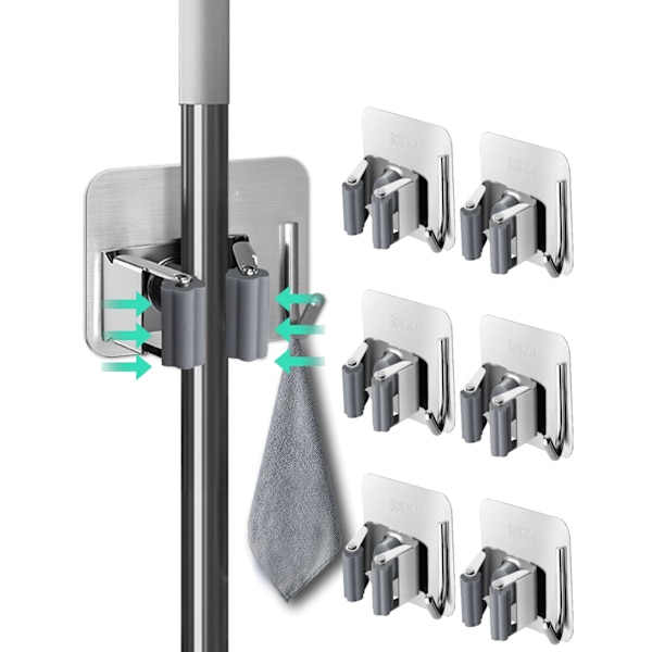 6-pakks koster og moppholder, sølvfarget rustfritt stål, selvklebende kosterholder, moppholder, veggmontert med krok for kjøkken, bad, skap