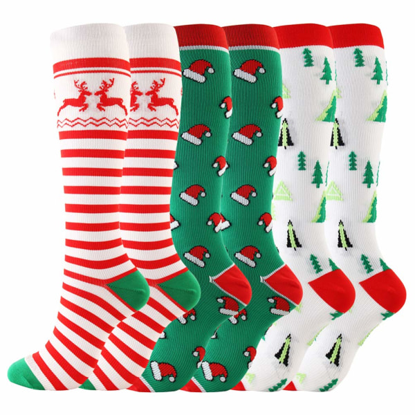 3 Pairs Christmas Long Compression Socks Nylon Reindeer Christmas Tree Pattern Knee High Socks Sweat Absorbing Stockings for Marathon Running(L/XL)