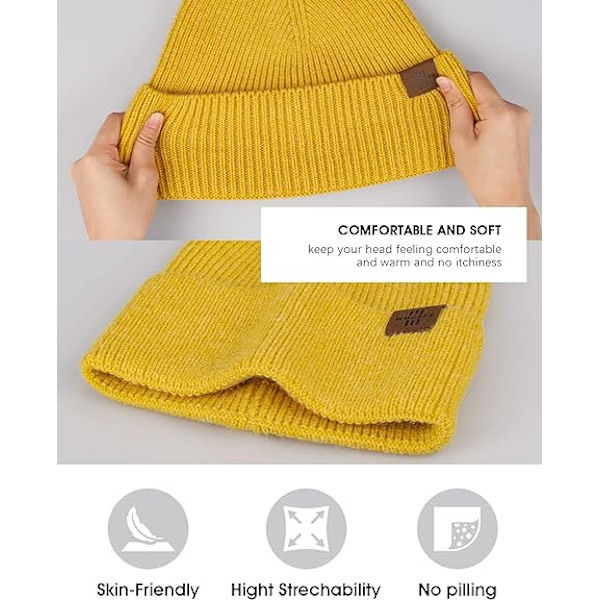 Strikket hue til mænd, dagligdags hue med opsmøg, strækbar, blød og varm, unisex komfortabel uldhue, gaver til mænd/ham/far, julegave Yellow