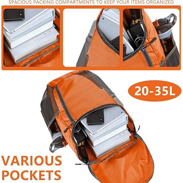 Hopfällbar vattentät ryggsäck, liten vandringsryggsäck, unisex, lämplig för utomhussporter resor vandring camping promenader, orange orange