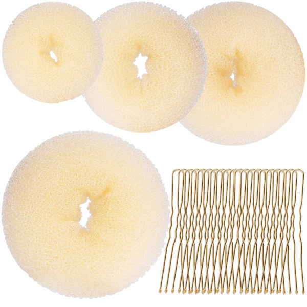 Hiusdonitsi-muotoilusetti, 4 kokoa beige donut-hiusdonitsi ja 20 kultaista hiusneulaa vaaleille, chignon-hiusdonitsi-rengas tyylivarusteet white