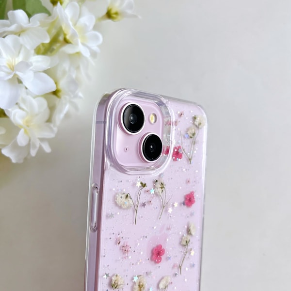 Blommor Skal för iPhone 15/14/13 Transparent Äkta Torkade Blommor Mobilskal Glitter Mjukt Silikonskyddsskal (Gul) Yellow