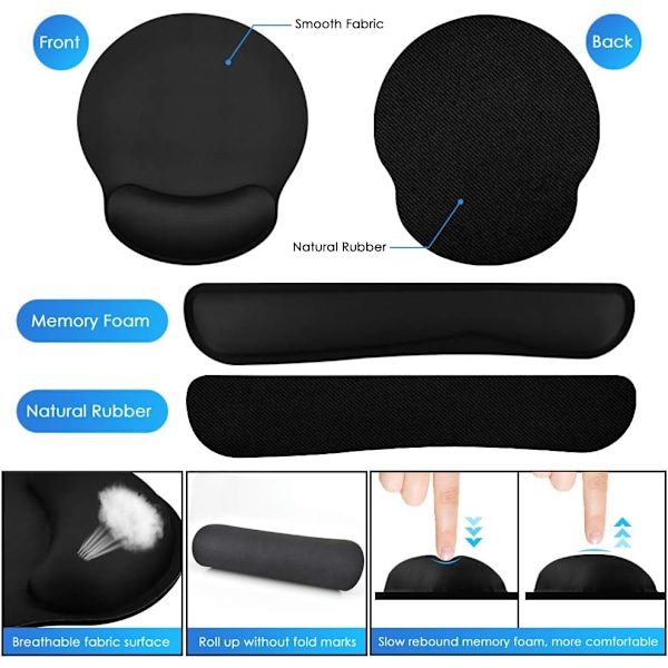 Musmatta, för dator/laptop, halkfri gummibas med handledsstöd i memory foam för att lindra smärta och karpaltunnelsyndrom
