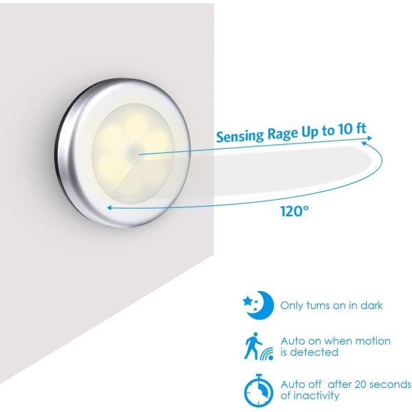 Liiketunnistinvalo, LED-sensorilla yövalot, kiinnitettävä kaapin LED-valo, kaappivalot portaikkoon, eteiseen, vaatekaappi, lämmin valkoinen valo, hopea Silver