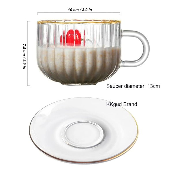 Græskarformet kaffekrus i glas med underkop og ske, 430 ml te-kop i glas med guldkant