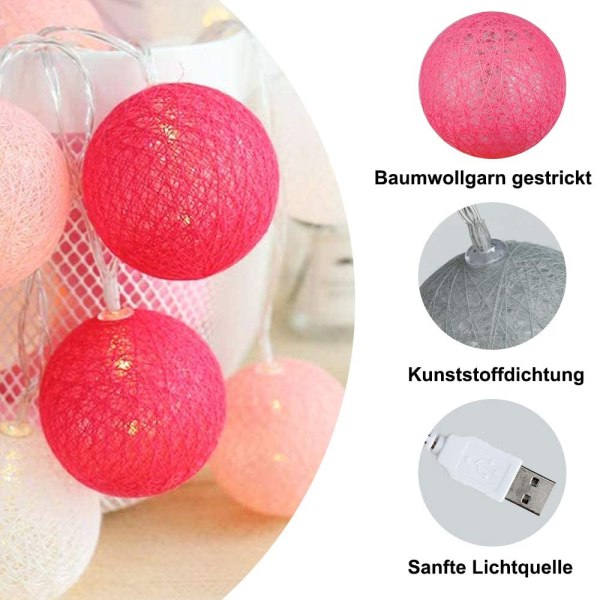 Cotton Ball Light Garland, Innendørs juledekorasjon, 3M 20er LED Globe Light, Bryllupssoverom Atmosphera Dekorasjoner, (USB rosa/rød)