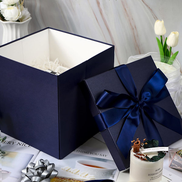 Medium Presentask med Lock, Band och Vävpapper, Vikbar Presentask - 1 st, 22cm*22cm*18cm, Marinblå