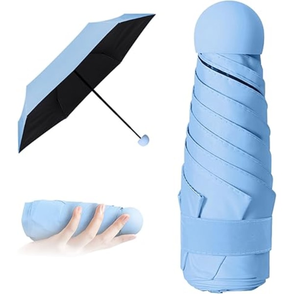 Mini paraply med kapsel etui, lommeparaply, 6 ribber letvægts kompakt folde paraply vind- og regntæt paraply. himmelblå sky blue