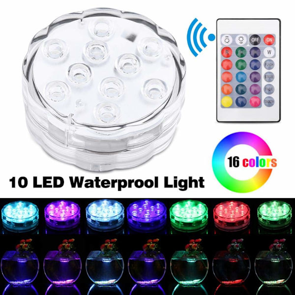 Sänkbar 10 LED-lampor, RGB Flerfärgad Vattentät Batteridriven Belysning med IR-fjärrkontroll