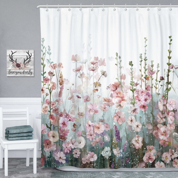 Bruseforhæng til badeværelse - moderne trendy lyserød blomsterdekoration Badeforhæng i vandtæt polyester med 12 hvide gardinringe, 180x180 cm