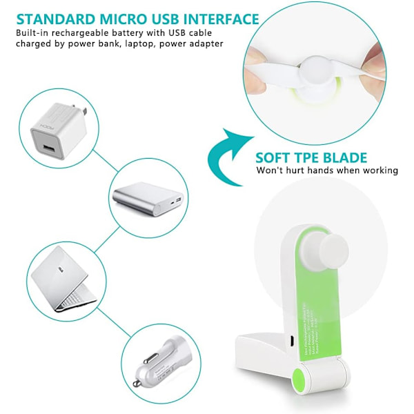 Håndholdt Mini Ventilator Bærbar Sammenklappelig Lommeventilator USB Genopladelig Bordventilator Lille Rejseventilator til Hjemmet, Rejser, Camping, 2 stk