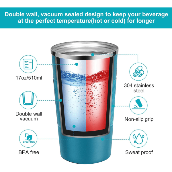 Rejse termokop Genanvendelige isolerede kaffekopper Vakuumisoleringskolber Rustfrit stål Termisk drikkekop til varme og kolde drikke (Blå, 510 ml) blue