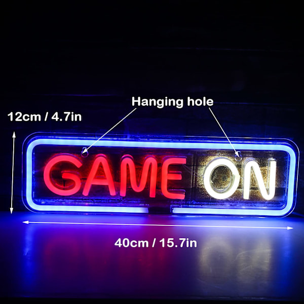Rødt og hvidt Game on neonskilt, Game on til vægdekoration, USB til familie, børneværelse, bar, soveværelsesfest…