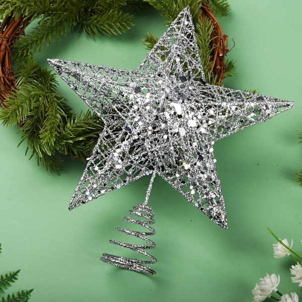 Sølv Metall Juletre Topper Glitrende Juletretopp Hallow Wire Star Topper for Julefest Hjemmedekorasjon, 8 Tommer silver