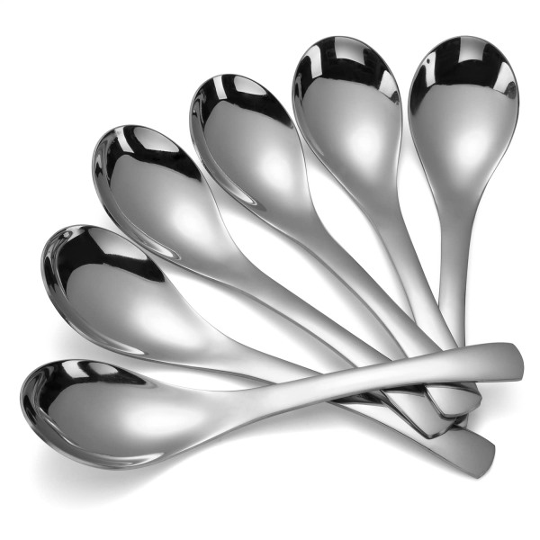 Soppskedar Rostfritt stål asiatisk soppskedar Set med 6 tunga runda bordsskedar Spegelpolerade silver Ramenskedar