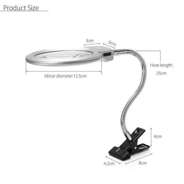 2,25x/5x LED-belyst forstørrelsesglas med metal slange, forstørrelsesglas til bord, læsning, LED-lampe med klemme