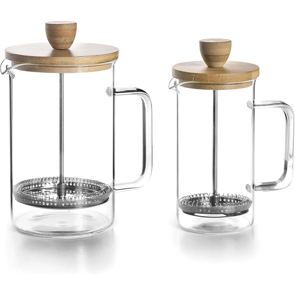 Fransk kaffebryggare, kaffepress, kaffemaskin med kolv, fransk karaff för filterkaffe, 3 koppar, rostfritt stål bambuglas, trä, 0,35 L
