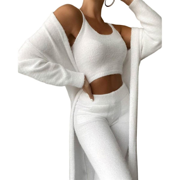 Damernas Sexiga Varma Fuzzy Fleece 3-Delade Outfits Pyjamas, Mysig Stickad Set 3-Delar, Öppen Fram Hoodie Cardigan Topp Byxor (XL)