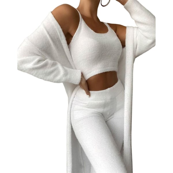 Kvindernes Sexede Varme Fuzzy Fleece 3-delt Outfit Pyjamas, Hyggeligt Strik Sæt 3-delt, Åben Front Hætte Cardigan Top Bukser(M)