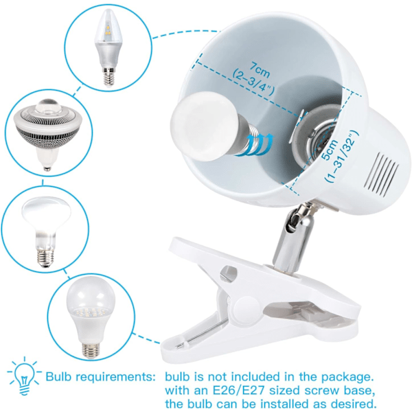 Klemmelampe, 360° Roterende Klemmeboklampe Leselampe, Hvit E27 Fleksibel Klemmelampe med Bryter, Justerbar Enkel Klemmespotlight (Hvit)
