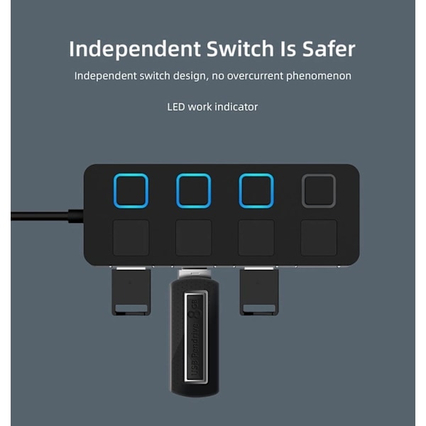 4-porttinen USB 2.0 -keskitin yksittäisillä LED-valoilla varustetuilla virtakytkimillä [Latausta EI tueta] Macille ja PC:lle (musta USB 2.0)