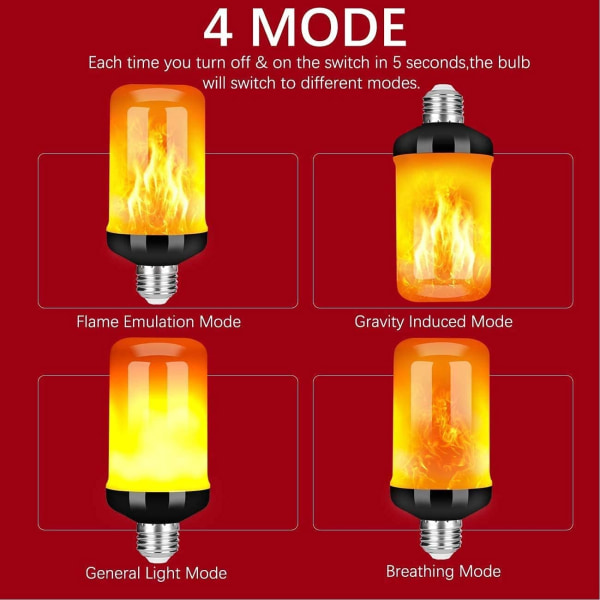 E27 Flammepære, 5W LED-flammeeffektpære med 4 lystilstande, Indendørs udendørs dekorative pærer til jul (2 STK)