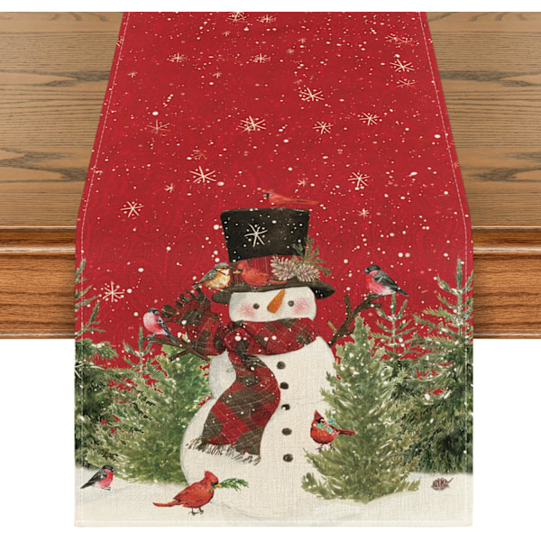 Snowman Birds Scarf Trees Christmas Table Runner, Seasonal Winter Xmas Kitchen Dining Table Decoration (33x183cm)