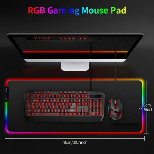 RGB gaming musmatta XXL LED stor musmatta 800 x 300 x 4 mm Musmatta belysning Tangentbordsmatta Ytterligare USB ingång för mus, tangentbord eller mobiltelefon