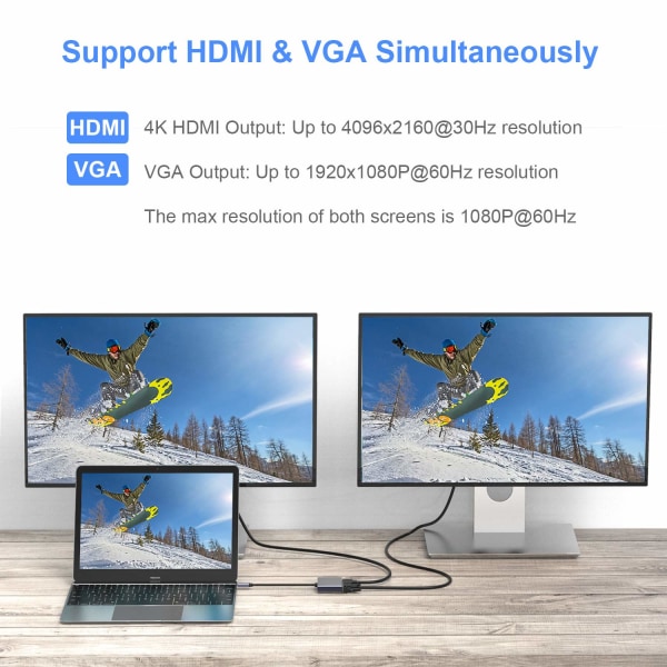 USB C till VGA HDMI-adapter, 4 i 1 Typ C Hub till VGA HDMI 4K UHD + USB 3.0-port Kompatibel med MacBook Pro/Air Huawei Mate 30 (grå)