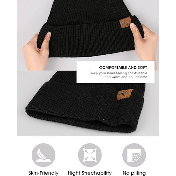 Strikket hue til mænd, dagligdags hue med opsmøg, strækbar, blød og varm, unisex komfortabel uldhue, gaver til mænd/ham/far, julegave Black