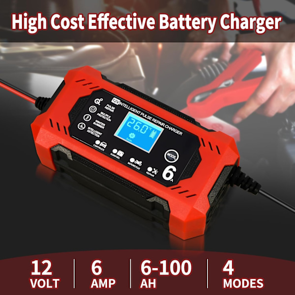 Bil- och motorcykelbatteriladdare, 12V 6A Smart batteriladdare med LCD-display, bilbatteriladdare för bilar, motorcyklar, lastbilar, gel, SLA