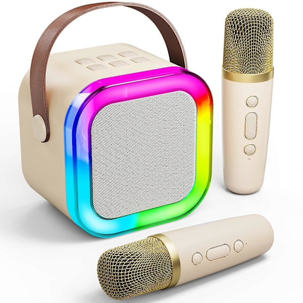 Bærbar Bluetooth Karaoke-høyttaler med 2 trådløse mikrofoner, Mini Karaoke-maskin for barn og voksne beige