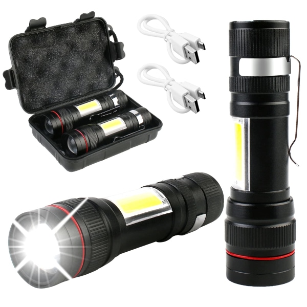 Superkraftig LED-lommelygte - 2 stk. T6 2000 lumen genopladelig lommelygte, IPX5 vandtæt taktisk lommelygte, 3-tilstands USB-lommelygte med plastiketui