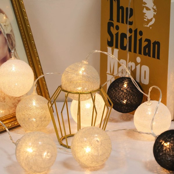 Cotton Ball Light Garland, Innendørs juledekorasjon, 3M 20er LED Globe Light, Bryllupssoverom Atmosphera Dekorasjoner, (USB grå/svart)