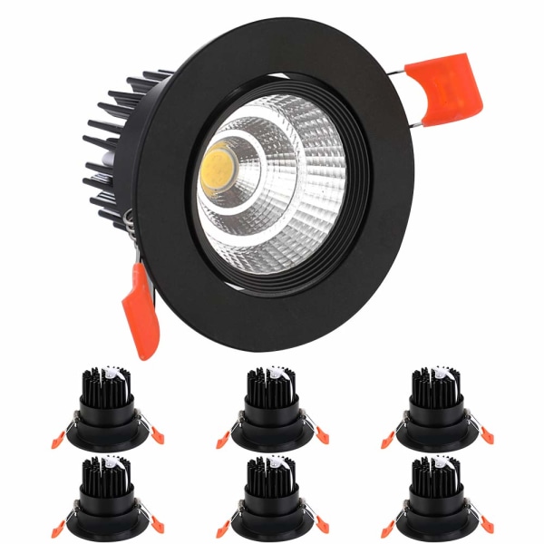 6-pack LED-downlights, 7W COB infälld taklampa, AC 220-240V, Naturvit 4000K, Justera vinkel 30°, IP44, Utskärning 70-80 mm, För vardagsrum (svart)