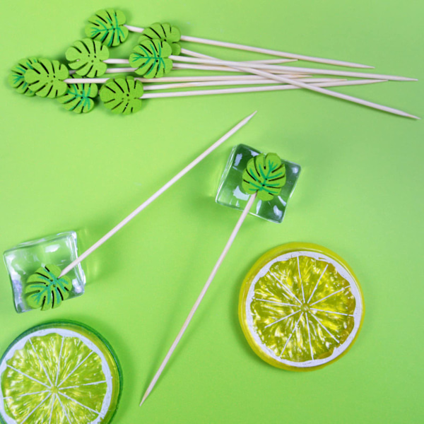 100 stk Tropiske Blad Cocktailpinner, Trepinner med Monstera Blad Ornament, Forrett Frukt Fingermat Pinner, Festdekorasjonsutstyr Tropical Leaves