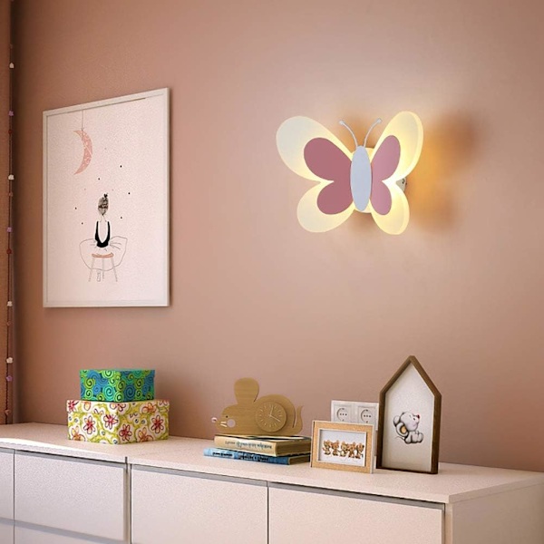 Søt Sommerfugl LED Vegglampe, Innendørs Nattlys for Barneromsdekor, Babyromsdekor, Nattlys for Barn, (Varmt Hvitt Lys, Rosa og Hvit)