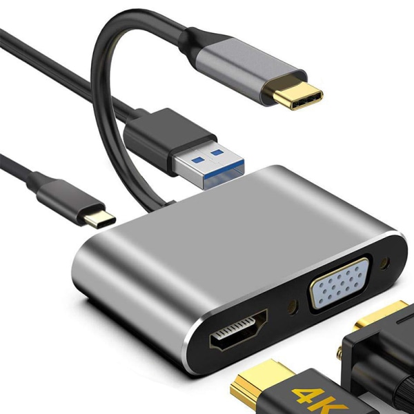 USB C till VGA HDMI-adapter, 4 i 1 Typ C Hub till VGA HDMI 4K UHD + USB 3.0-port Kompatibel med MacBook Pro/Air Huawei Mate 30 (grå)