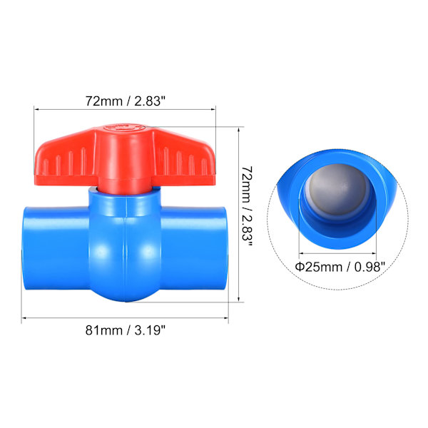 Palloventtiili, 25 mm sisähalkaisijaltaan PVC-liitäntäpäällä, sulkuventtiili akvaarioiden, sumppupumppujen, uima-altaiden, puutarhan kastelujärjestelmien, sininen ja punainen, 5 kpl