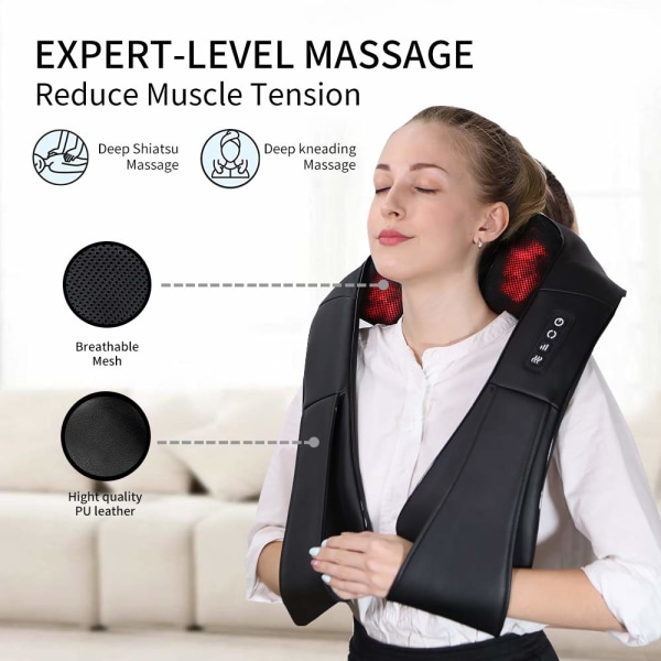 Nackmassager, Deep Tissue 3D-knådning, bärbar, med värme, Shiatsu Massager för nacke, rygg, axlar, fot och ben, hemma och i bilen (svart)