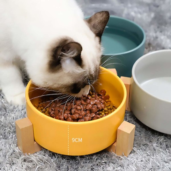 Gul Keramisk Katteskål med Tre Stativ Ikke-Spille Mat og Vannmater for Katter Små Hunder