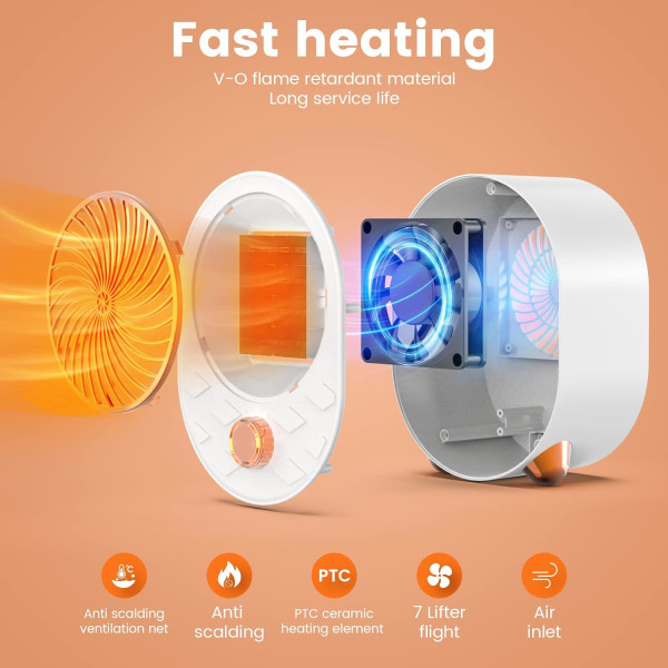 Keramisk varmevifte elektrisk oppvarming 1000W, justerbar termostat, overopphetingsbeskyttelse, tippesikring og 2 temperaturinnstillinger