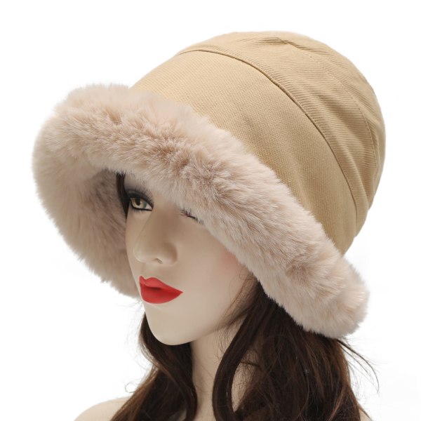 Dame Vinter Furry Bøtte Hat Rolled Rim Faux Fur Cloche Hat med Fleece Fôr,beige