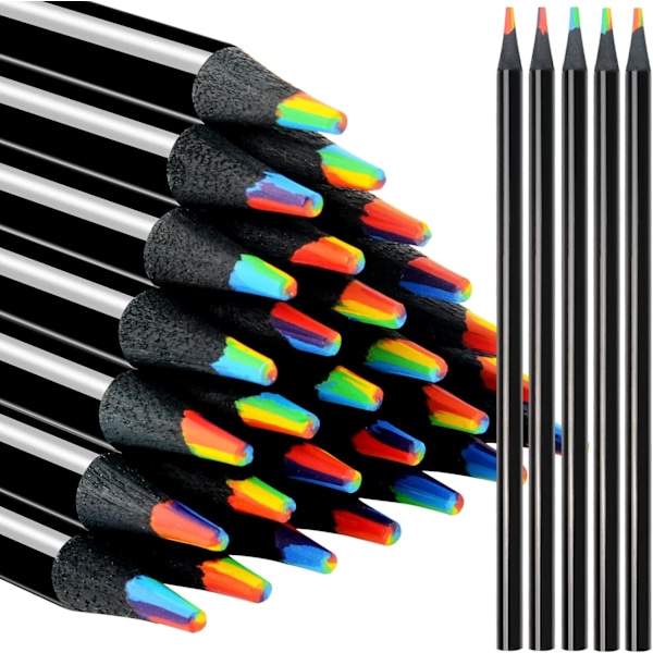 24 Pieces 7 in 1 Rainbow Pencils,  Black Wooden Rainbow Pencils  ，Assorted Colours Art Supplies for Drawing Colouring Sketching School Classroom