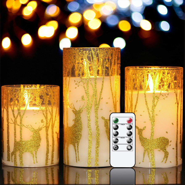 Glas flammefri stearinlys flimrer med timer-fjernbetjening, 3-pak guld rensdyr elg-mærkat ægte vokslys Lys til juleindretning