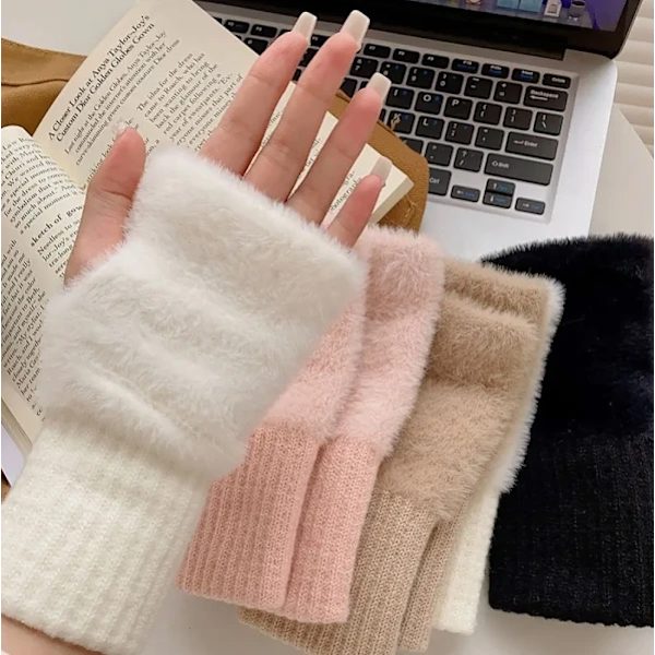 1 Pari Naisten ja Tyttöjen Joustavia Plus-Hanskia Puoli Sormi Mittens Minkki Turkis Pitää Lämpimänä Pehmeä Muodikkaat Talvihansikkaat white