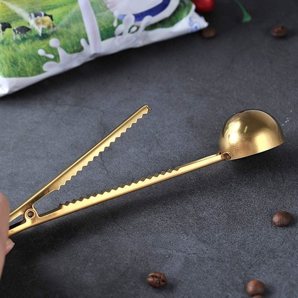 2 stk. Kaffeskje med poseklype, 2 i 1 Måleskje for kaffe i rustfritt stål, forsegler for kaffebønner og melkepulver (Sølv + Gull)