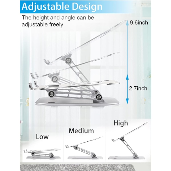 Bærbar PC-stativ, bærbar PC-holder, stativ med flere vinkler og varmeventil, justerbart stativ for bærbare PC-er opptil 17 tommer