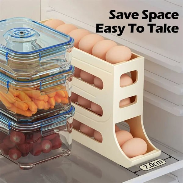Æggedispenser til køleskab, automatisk rullende køleskab Ægopbevaringsboks, 4-lags rullende ægopbevaringsboks, Æggeorganiseringsbakke, hvid